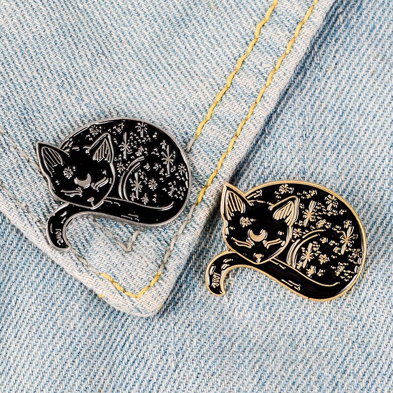 Elegante schwarze Katzenbrosche - Katzen-Emaille-Pin