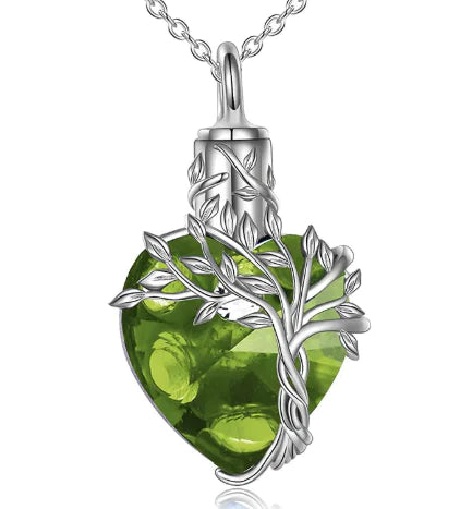Tree of Life Heart Urn Necklace with Gemstone Pendant