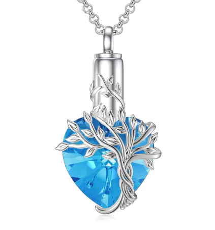 Tree of Life Heart Urn Necklace with Gemstone Pendant
