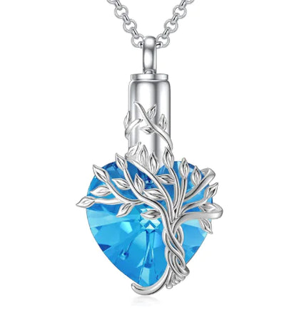Tree of Life Heart Urn Necklace with Gemstone Pendant