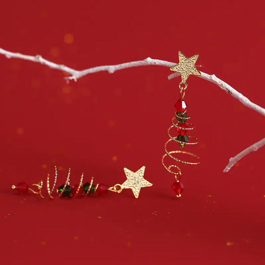 S925 Silver Christmas Tree Star Tassel Earrings