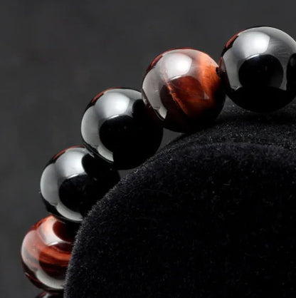Natural Tiger Eye and Black Agate Beaded Bracelet