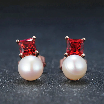Elegant 925 Silver Earrings with Garnet and Pearls