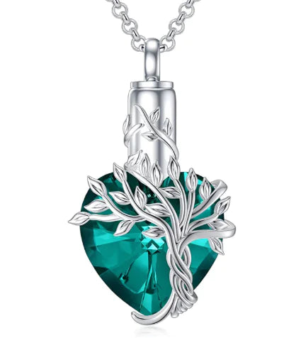 Tree of Life Heart Urn Necklace with Gemstone Pendant
