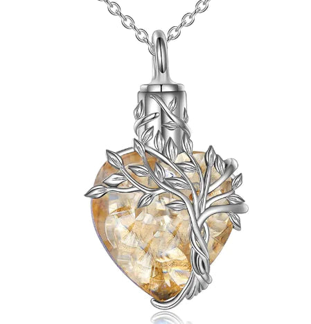 Tree of Life Heart Urn Necklace with Gemstone Pendant