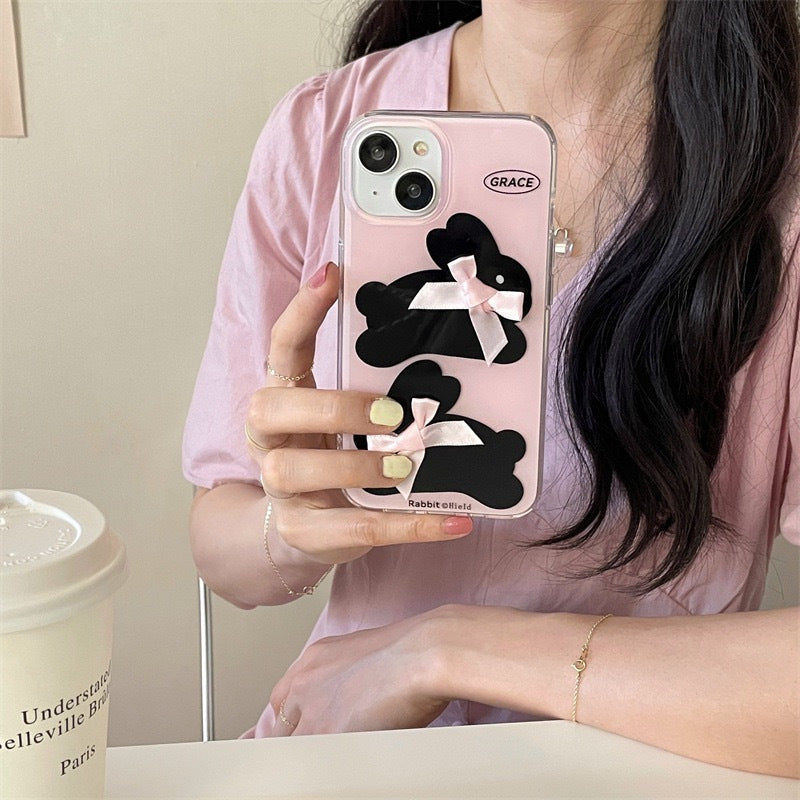 Cute Pink Bow Rabbit Phone Case for iPhone 11-15 Pro Max