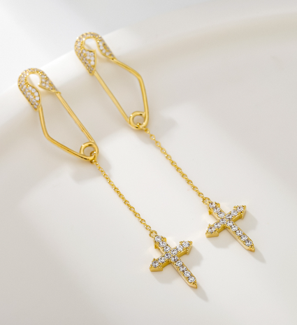 S925 Silver Cross Earrings with Crystal Studs
