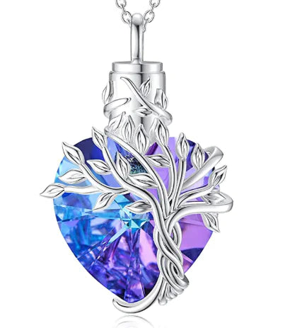 Tree of Life Heart Urn Necklace with Gemstone Pendant