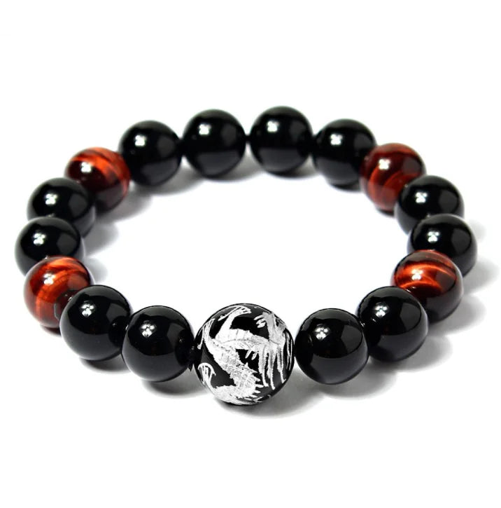 Natural Tiger Eye and Black Agate Beaded Bracelet
